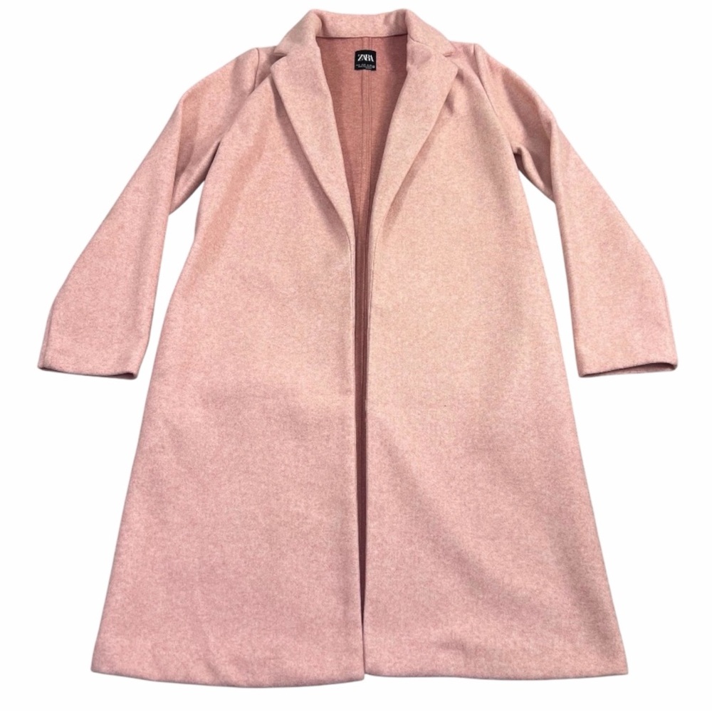 ZARA Soft Pink Wool Blend Long Coat | Pastel Minimalist Open Front Duster Small - Picture 3 of 11